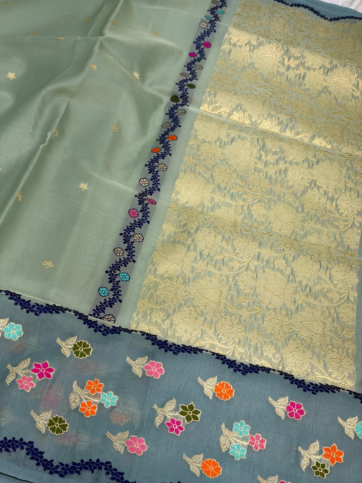 Sea Green Handwoven Pure Banarasi Kora Silk Saree with Sage Grey Border