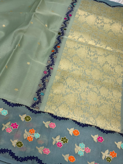 Sea Green Handwoven Pure Banarasi Kora Silk Saree with Sage Grey Border