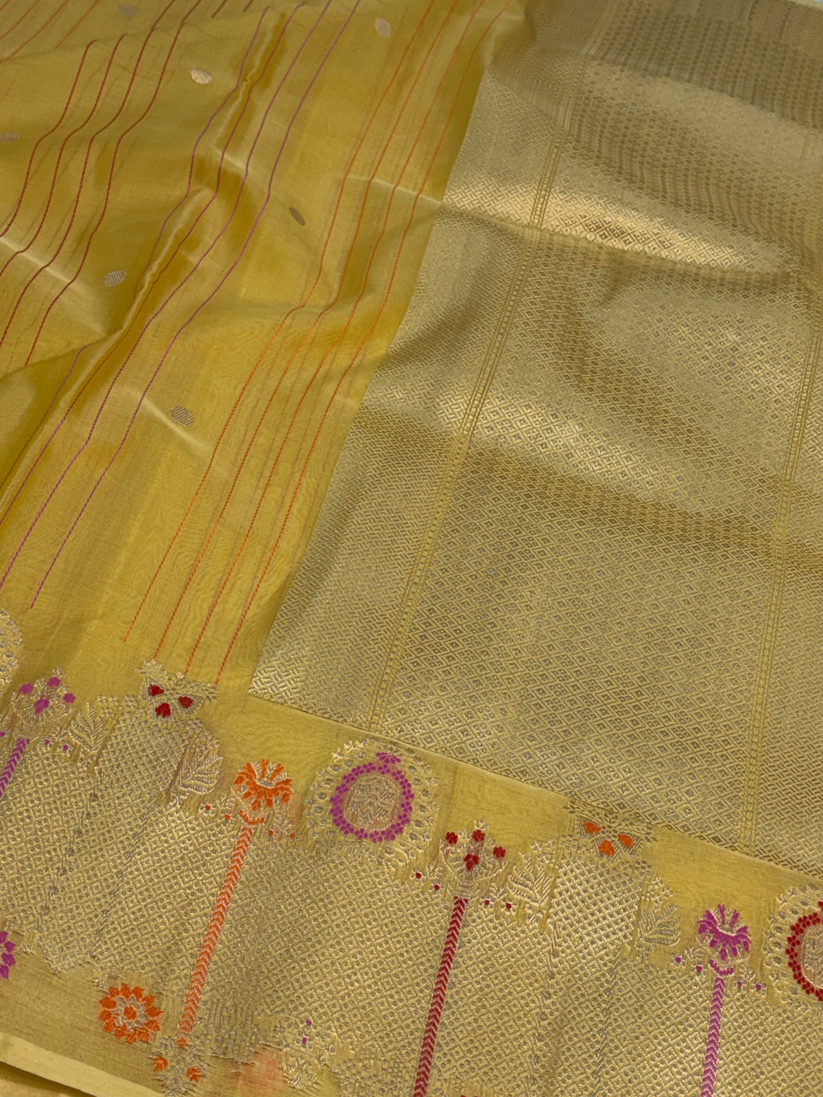Yellow Handwoven Pure BANARASI Kora Silk Saree
