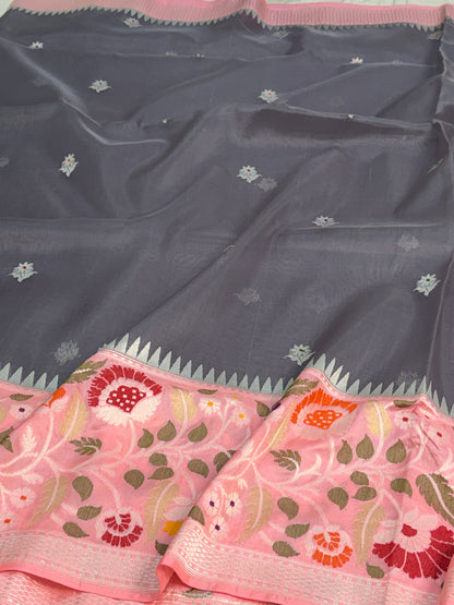 Grey Handwoven Pure BANARASI Kora Silk Saree with Baby Pink KADHIYAL Border