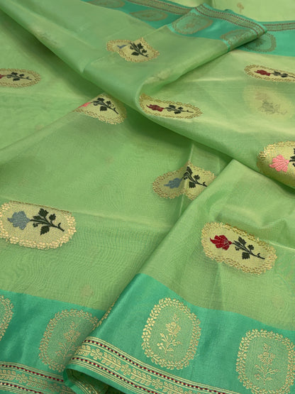 Aqua Turquoise Green Handwoven Pure BANARSI Kora Silk Saree