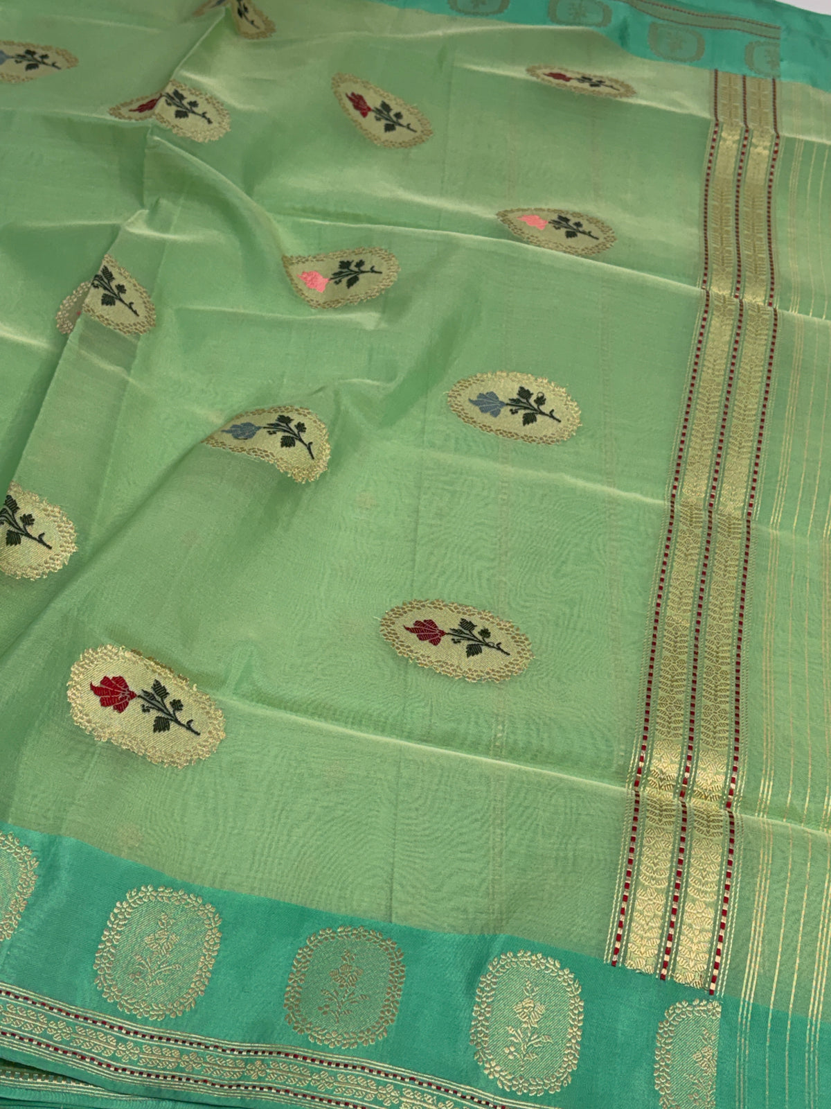 Aqua Turquoise Green Handwoven Pure BANARSI Kora Silk Saree