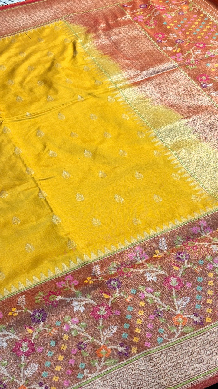Yellow Pure Banarasi Ektara  Silk Handwoven Saree