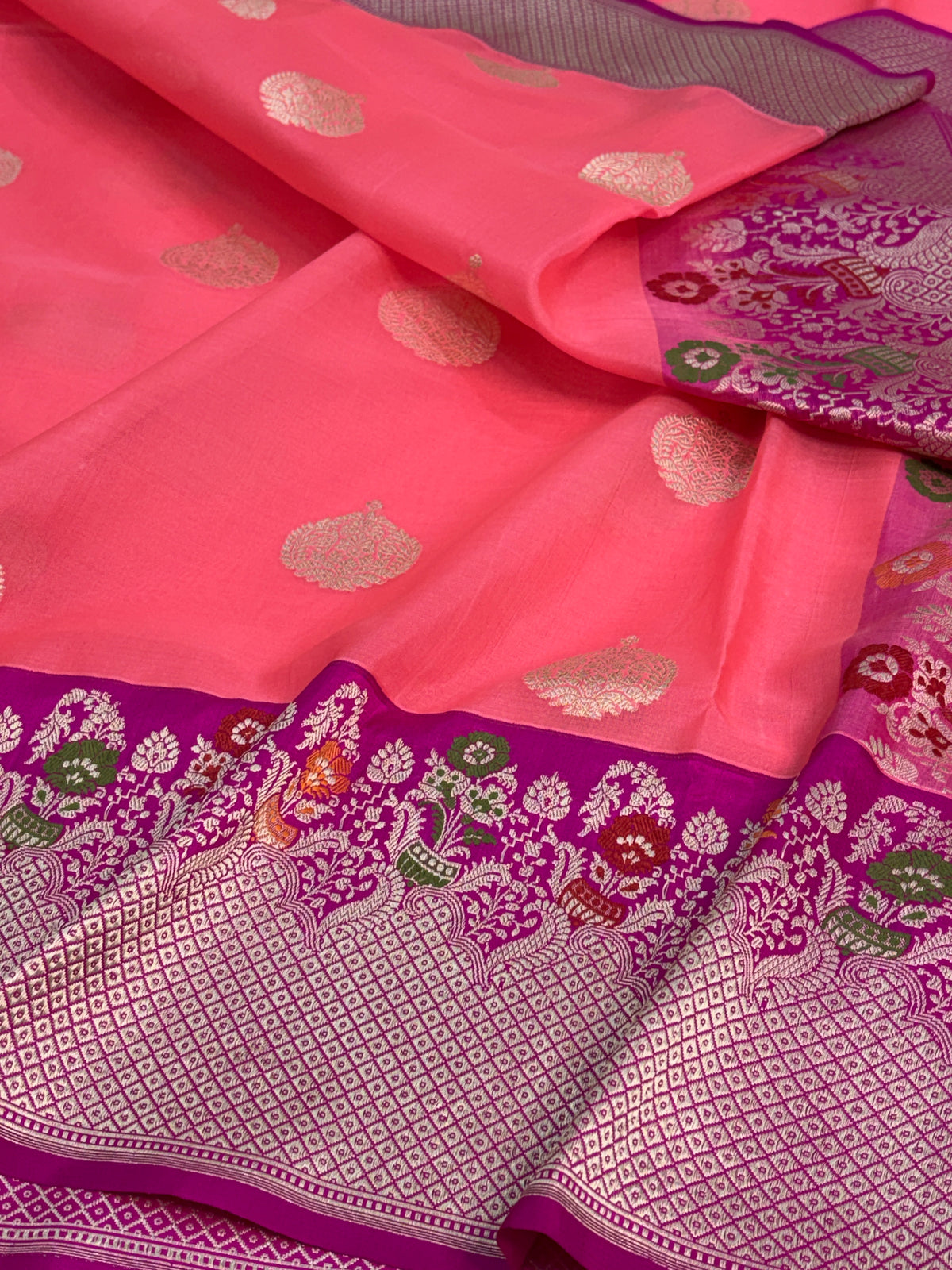 Peach Handwoven Pure BANARASI Kora Silk Saree with Rani KADHIYAL Border