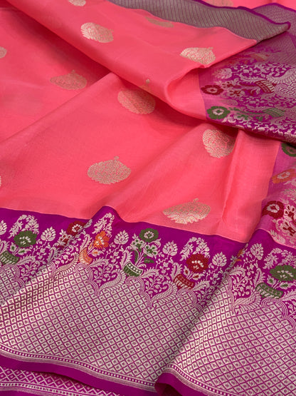 Peach Handwoven Pure BANARASI Kora Silk Saree with Rani KADHIYAL Border