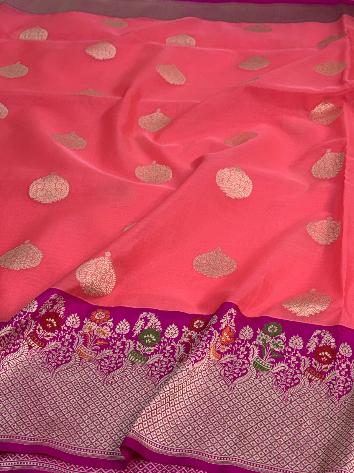Peach Handwoven Pure BANARASI Kora Silk Saree with Rani KADHIYAL Border