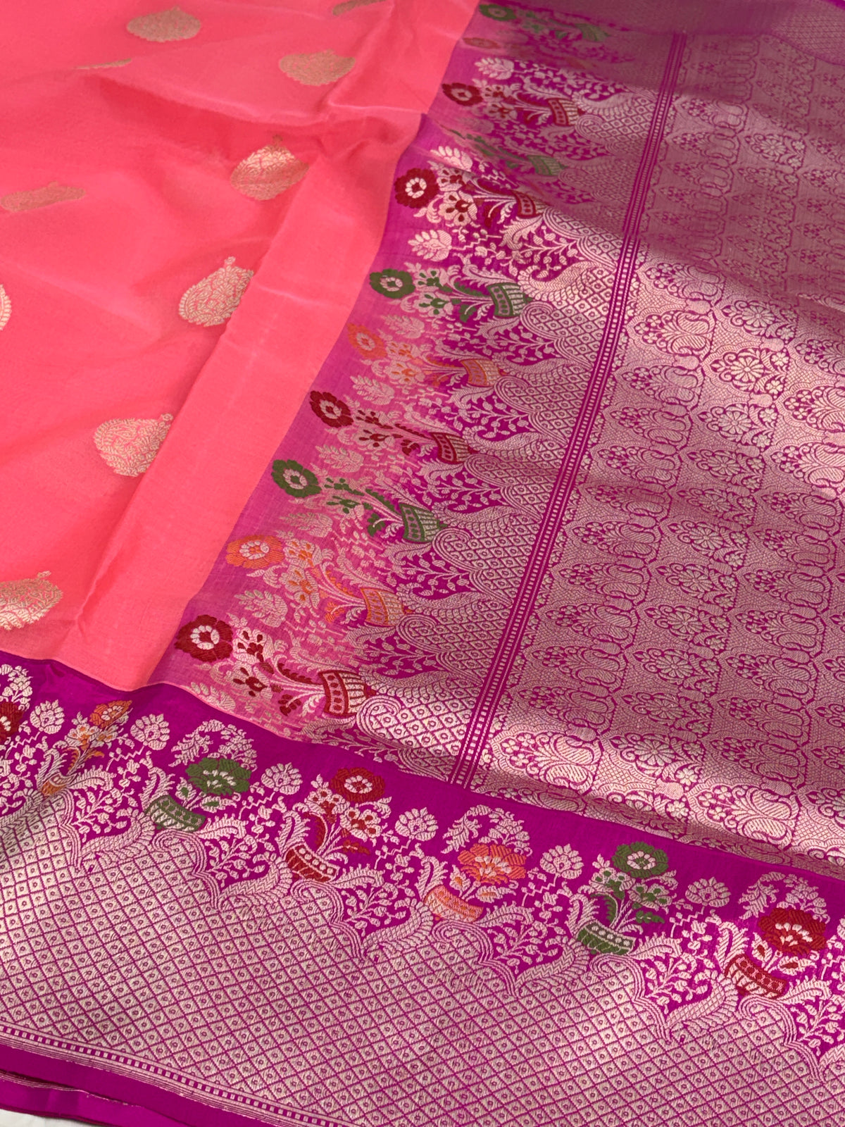 Peach Handwoven Pure BANARASI Kora Silk Saree with Rani KADHIYAL Border