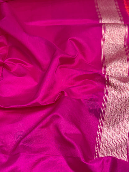 Peach Handwoven Pure BANARASI Kora Silk Saree with Rani KADHIYAL Border