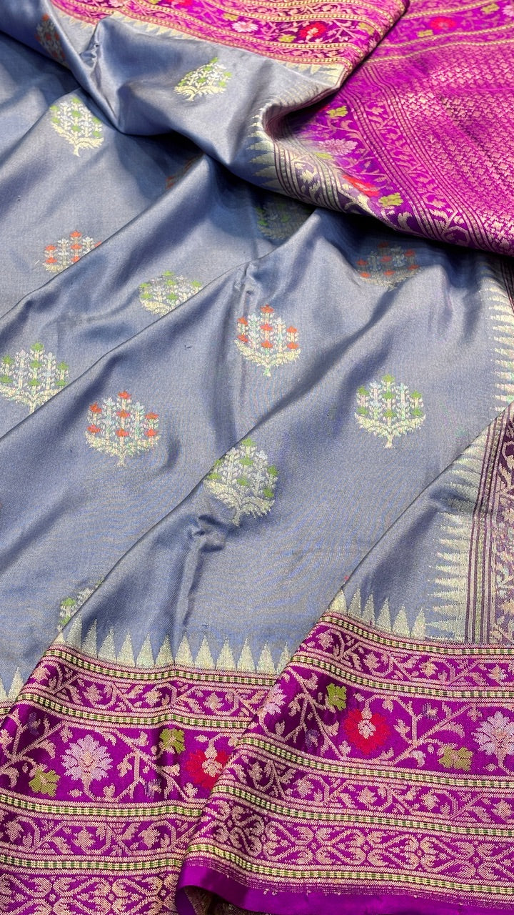 Steel Blue Pure Banarasi Ektara  Silk Handwoven Saree