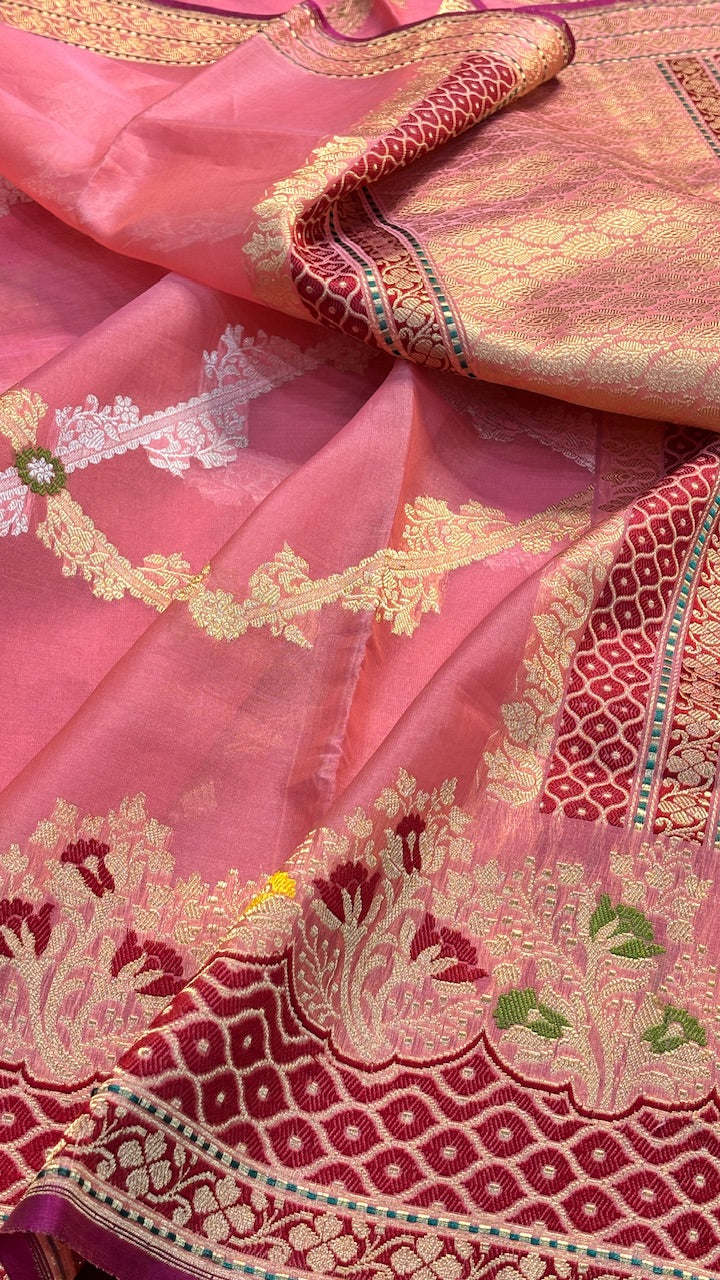 Peach Blossom Pink Banarasi Kora Silk Handwoven Saree