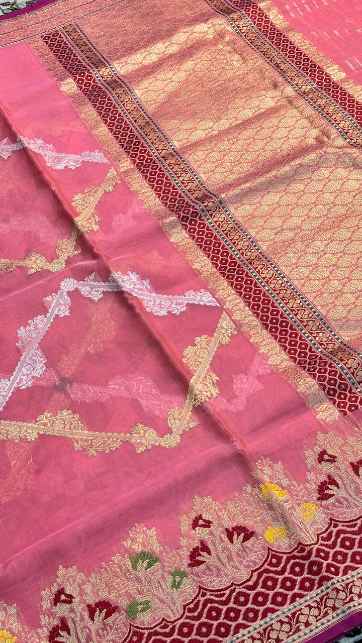 Peach Blossom Pink Banarasi Kora Silk Handwoven Saree