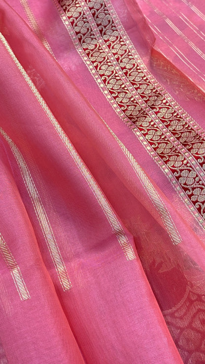 Peach Blossom Pink Banarasi Kora Silk Handwoven Saree