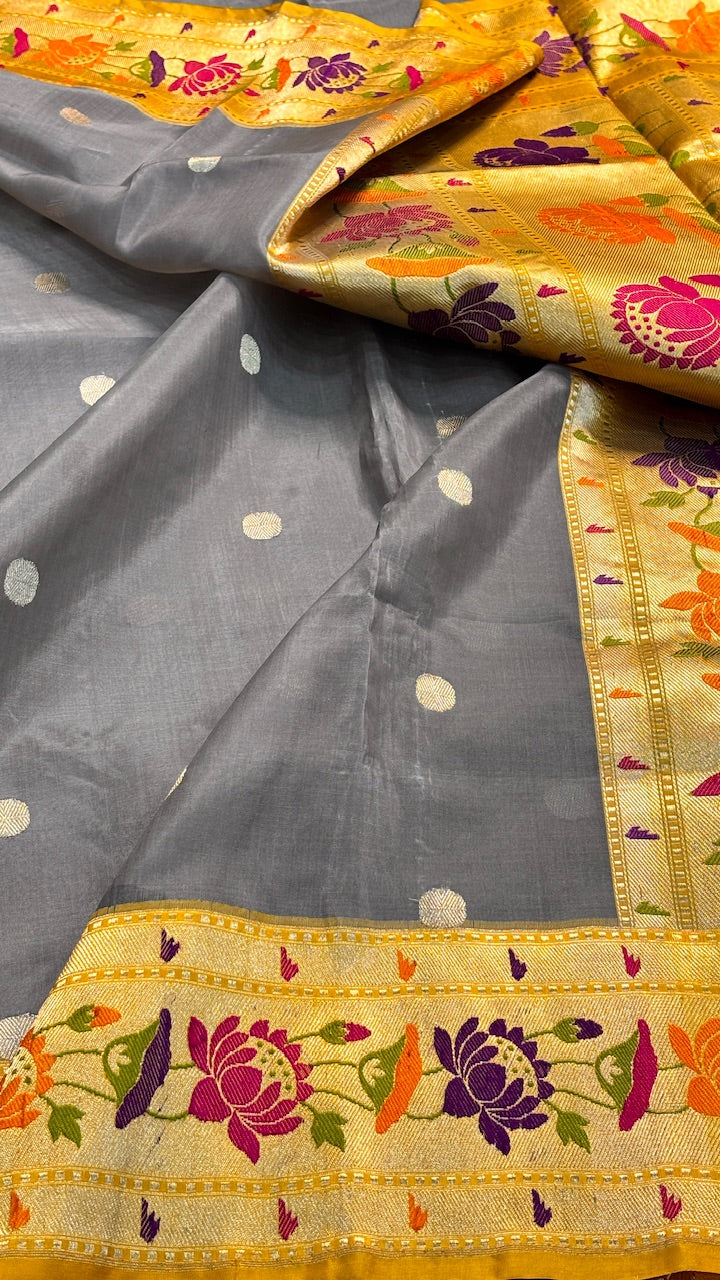 Dove Grey Banarasi Kora Silk Handwoven Saree