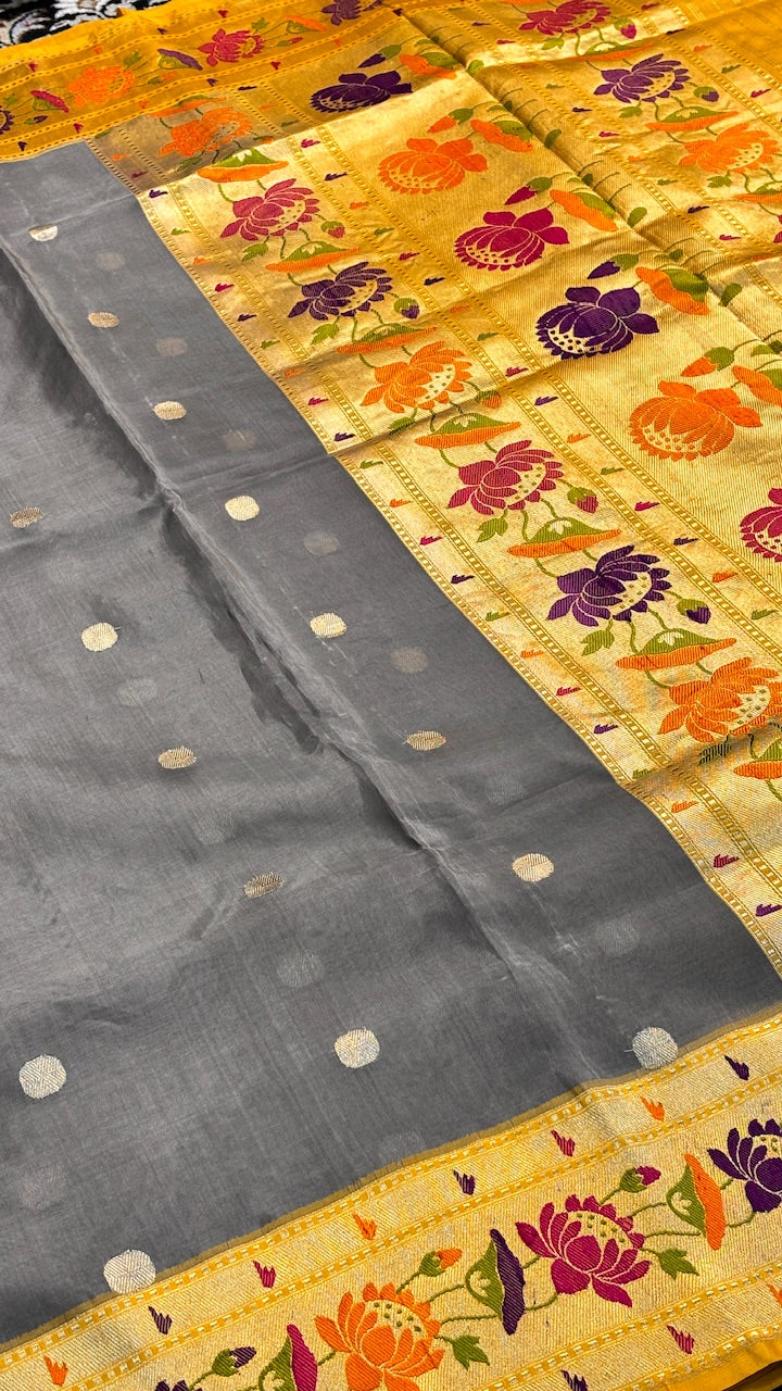 Dove Grey Banarasi Kora Silk Handwoven Saree