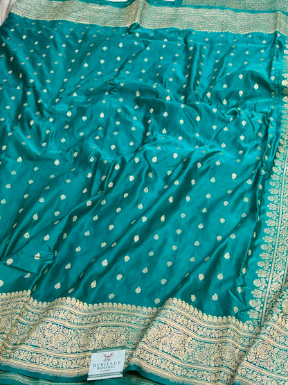 Persian Teal Green Handwoven Pure BANARSI Satin Silk Saree