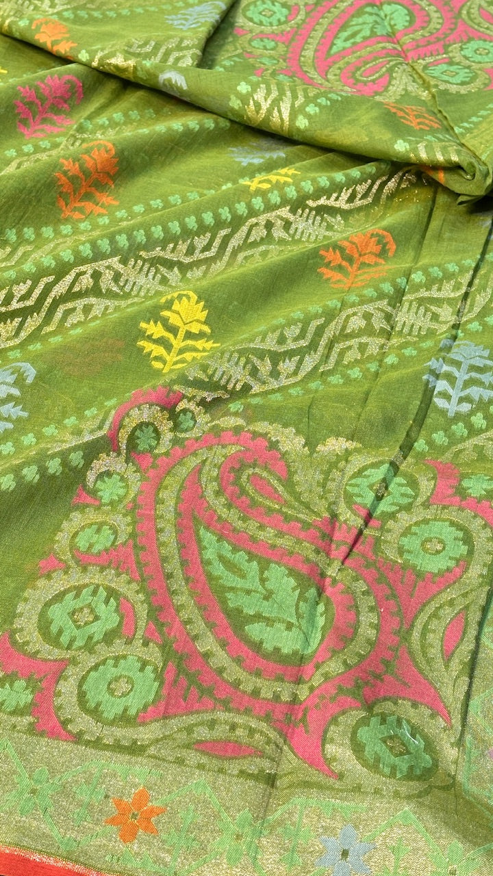 Green Pure Banarasi cotton Jamdani handloom Saree
