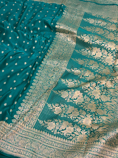 Persian Teal Green Handwoven Pure BANARSI Satin Silk Saree