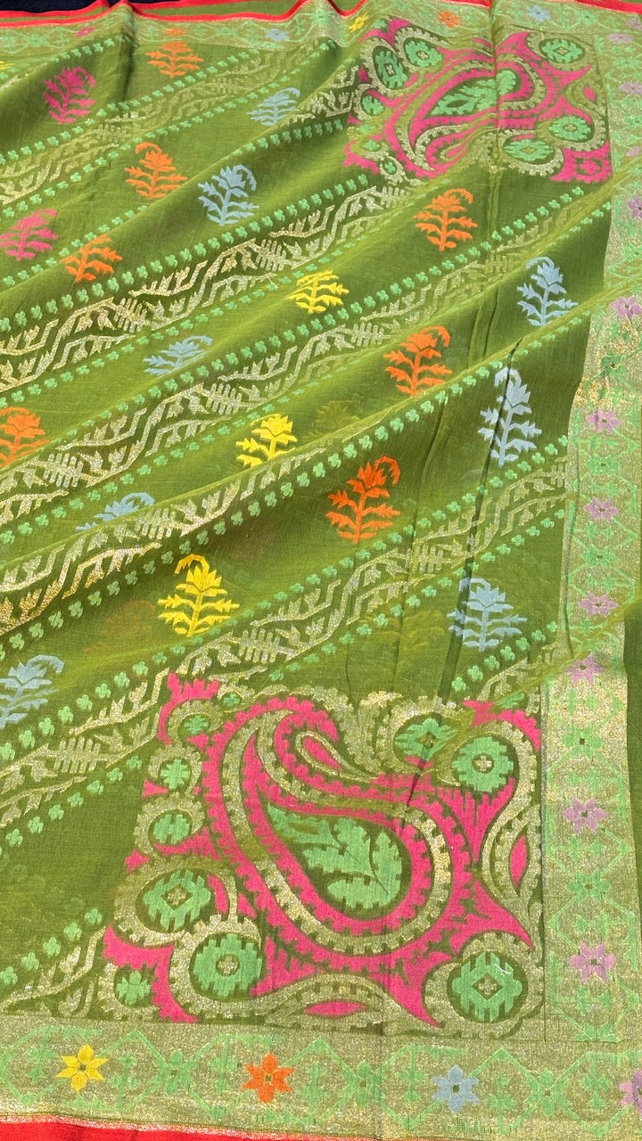 Green Pure Banarasi cotton Jamdani handloom Saree