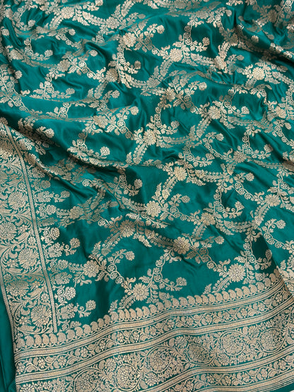 Persian Teal Green Handwoven Pure BANARSI Satin Silk Saree