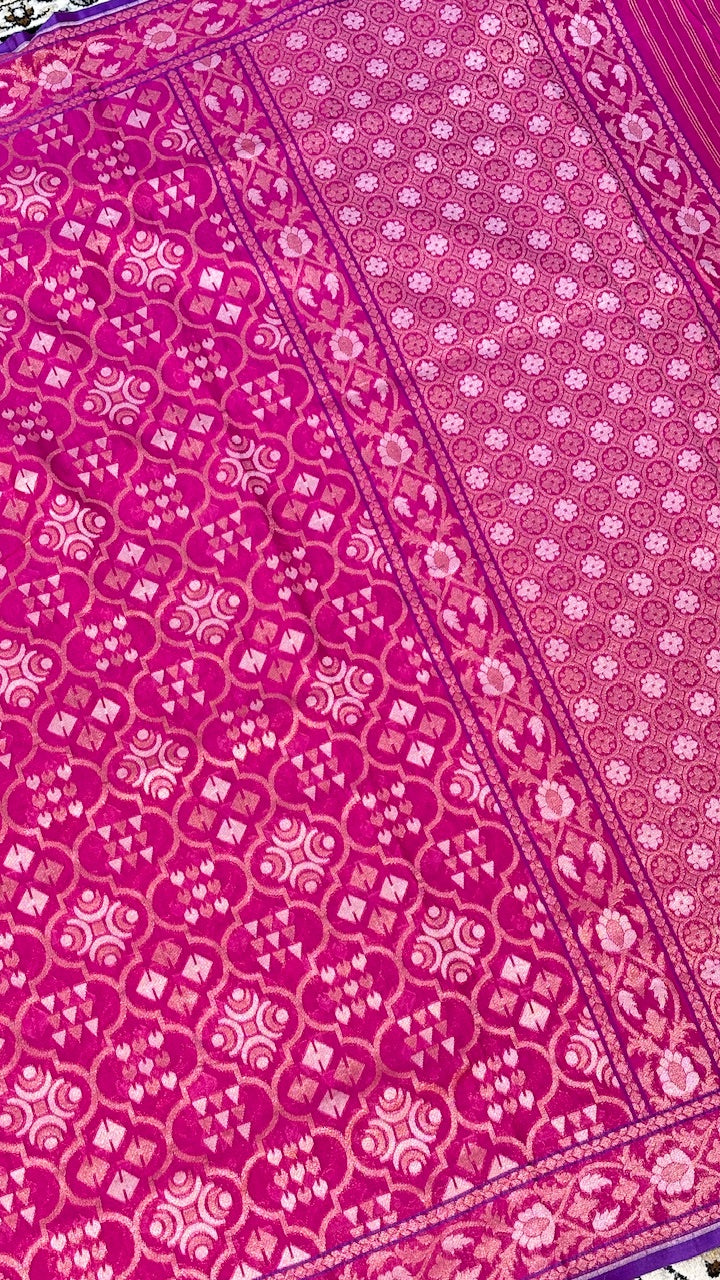Rani Pink Silk Jamdani Saree with Zari Weaves