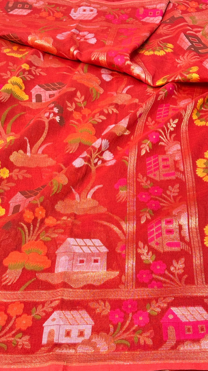 Red Banarasi cotton Jamdani handloom Saree