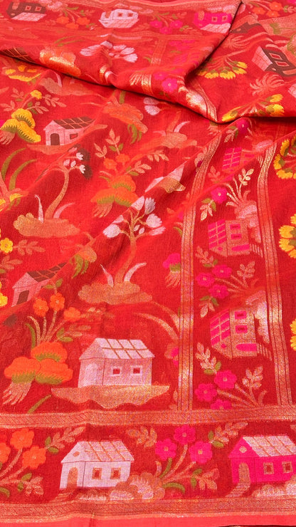 Red Banarasi cotton Jamdani handloom Saree
