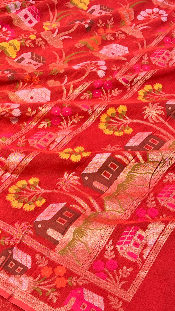 Red Banarasi cotton Jamdani handloom Saree