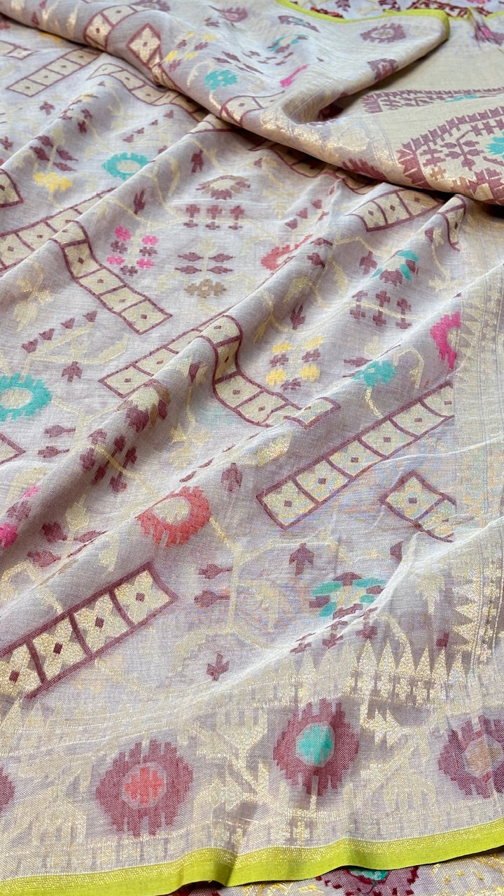 Light Grey Banarasi cotton Jamdani handloom Saree