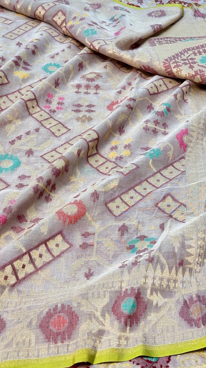 Light Grey Banarasi cotton Jamdani handloom Saree