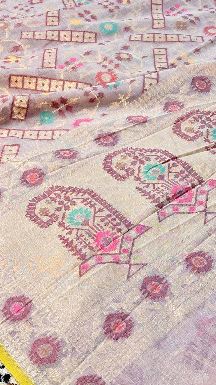 Light Grey Banarasi cotton Jamdani handloom Saree