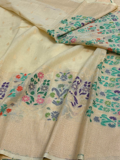 Banarasi Pure Mustard Cotton Jamdani Handloom Saree with Meenakari Weaving