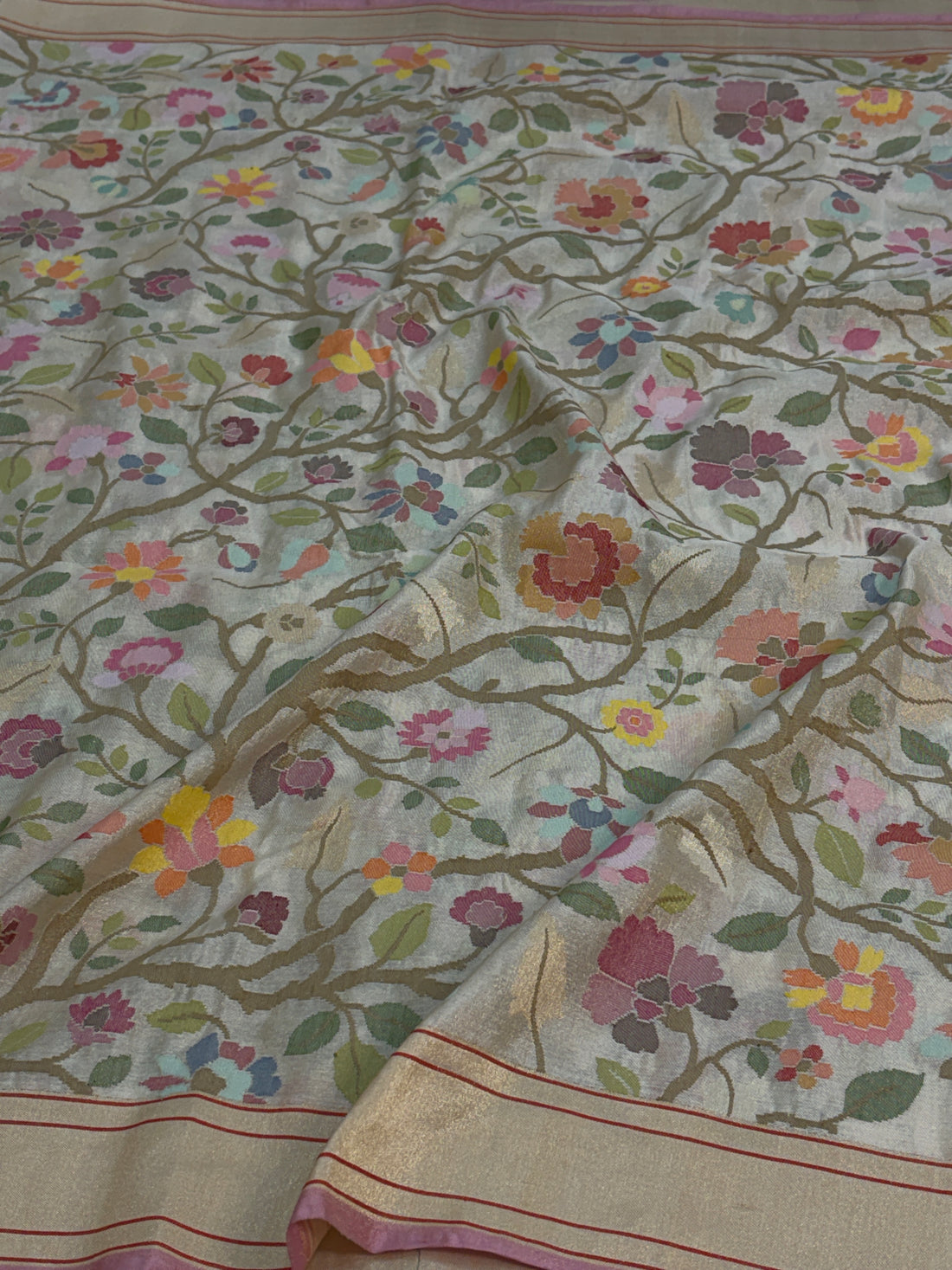 ULTRA EXCLUSIVE REAL GOLD AND SILVER ZARI MADE IVORY TISSUE KATAN JAMDANI SAREE
