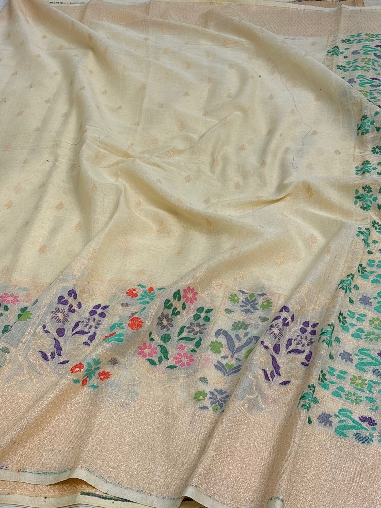 Banarasi Pure Mustard Cotton Jamdani Handloom Saree with Meenakari Weaving