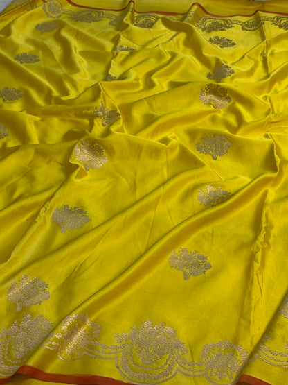 Lemon Yellow Handwoven Pure MASHRU BANARASI Satin Silk Saree