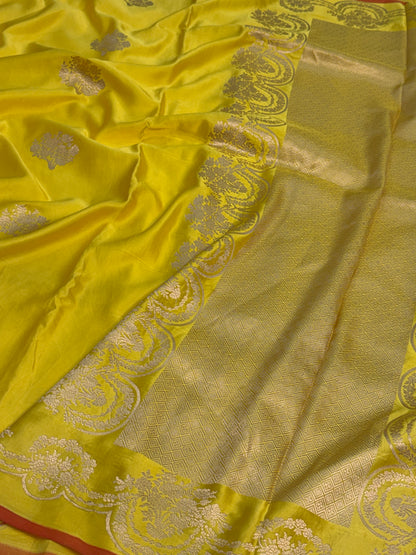 Lemon Yellow Handwoven Pure MASHRU BANARASI Satin Silk Saree