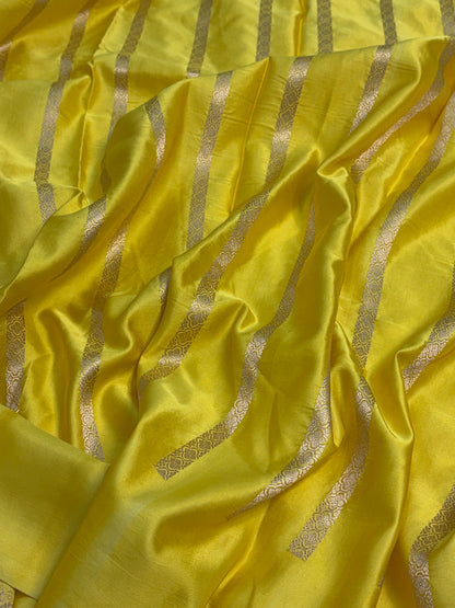 Lemon Yellow Handwoven Pure MASHRU BANARASI Satin Silk Saree