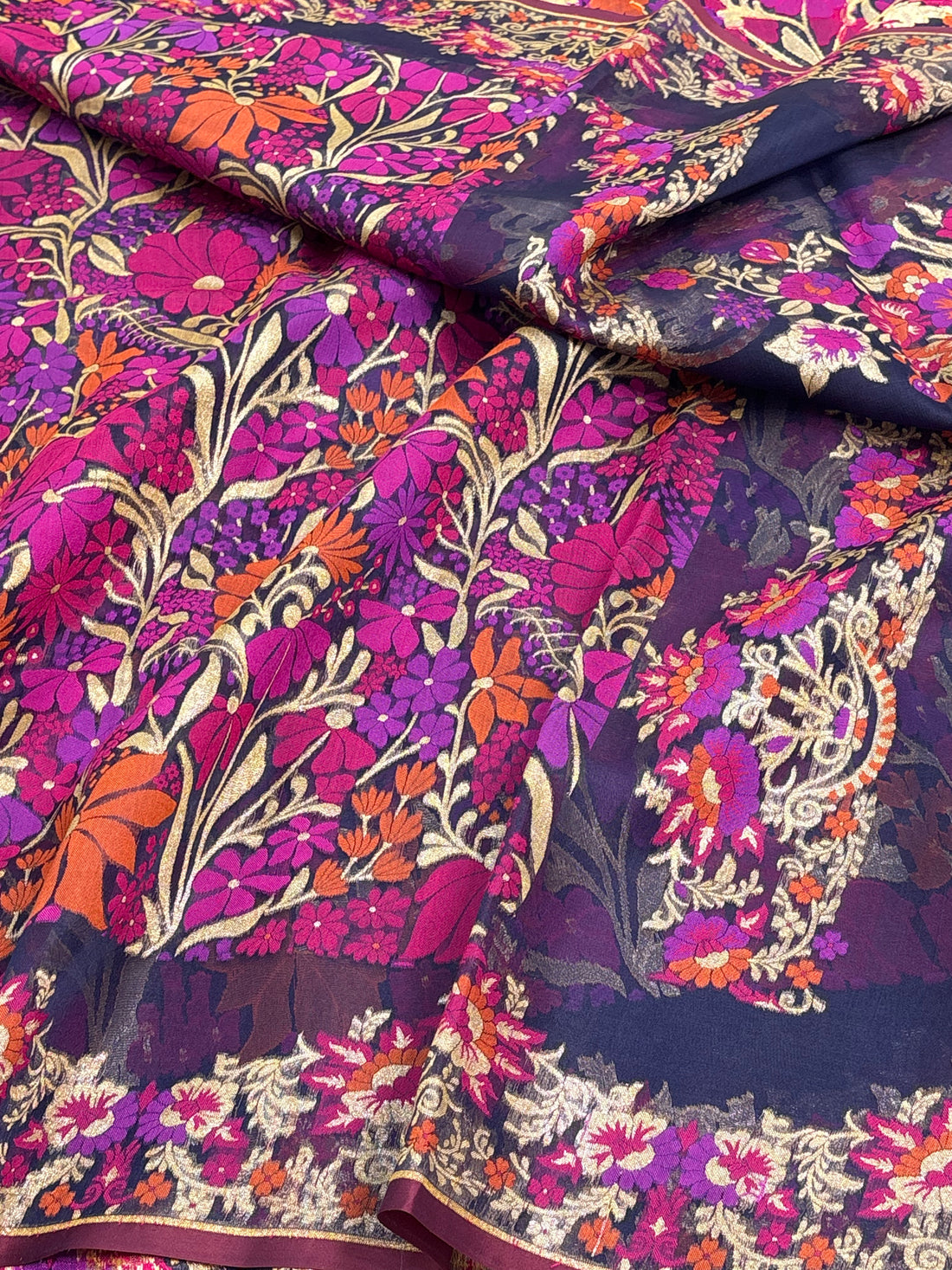 Navy Blue Kora Jamdani Handloom Banarasi Saree with Multicolour Floral Weaving