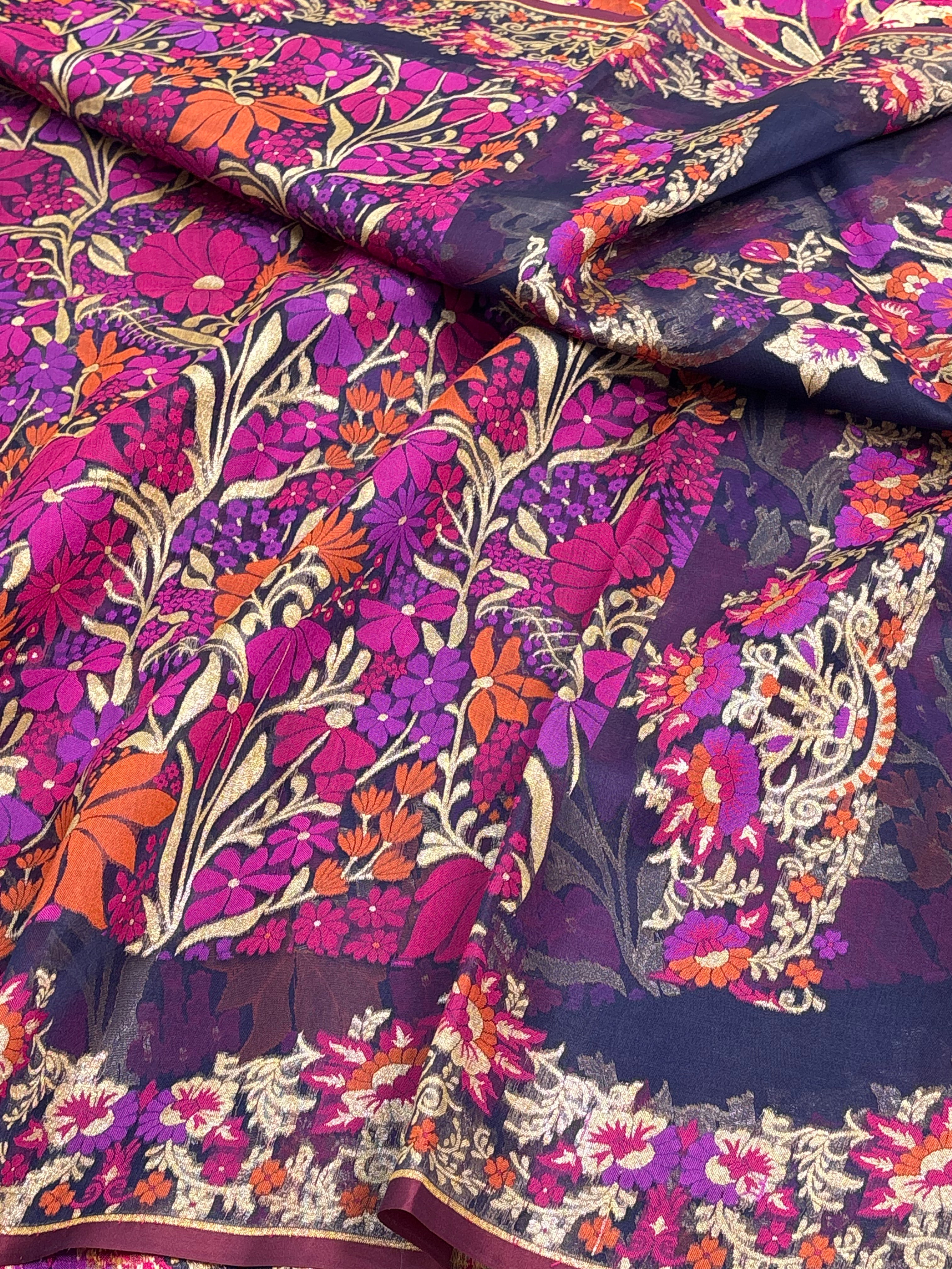 Navy Blue Kora Jamdani Handloom Banarasi Saree with Multicolour Floral Weaving