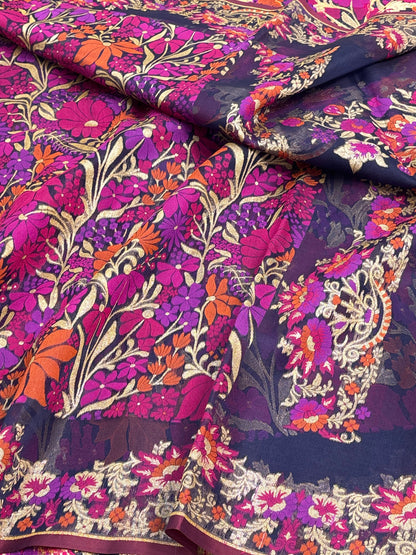 Navy Blue Kora Jamdani Handloom Banarasi Saree with Multicolour Floral Weaving