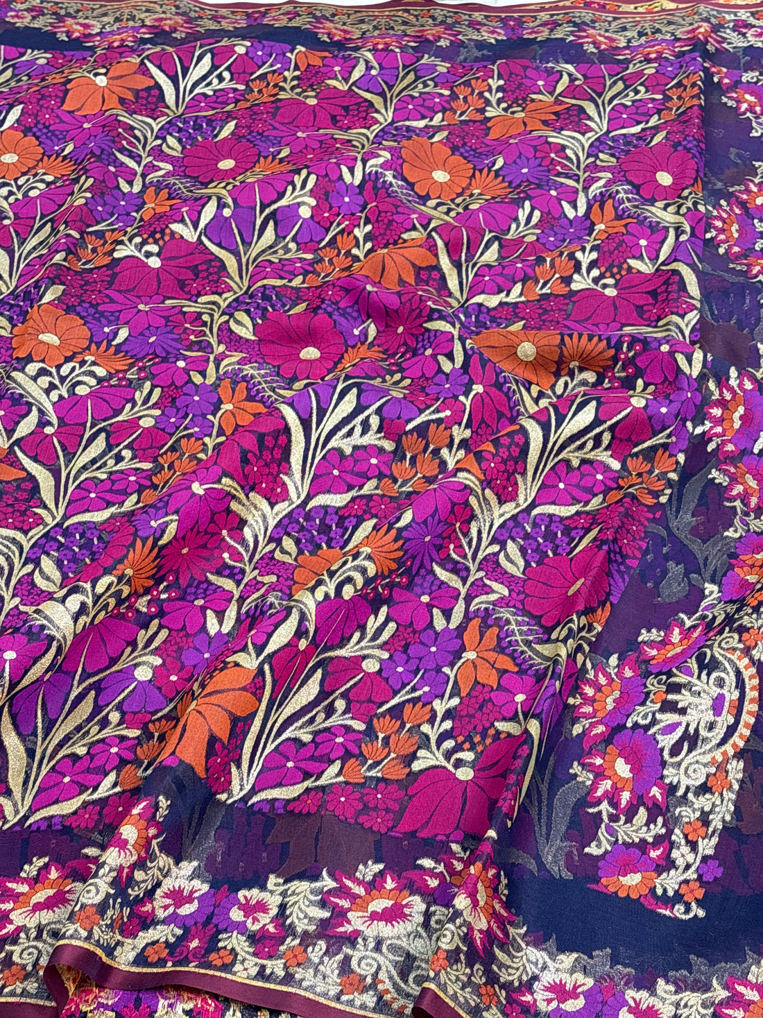 Navy Blue Kora Jamdani Handloom Banarasi Saree with Multicolour Floral Weaving