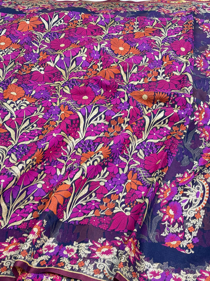 Navy Blue Kora Jamdani Handloom Banarasi Saree with Multicolour Floral Weaving