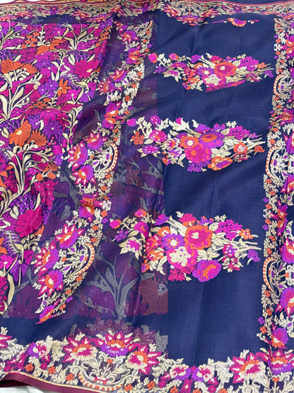 Navy Blue Kora Jamdani Handloom Banarasi Saree with Multicolour Floral Weaving