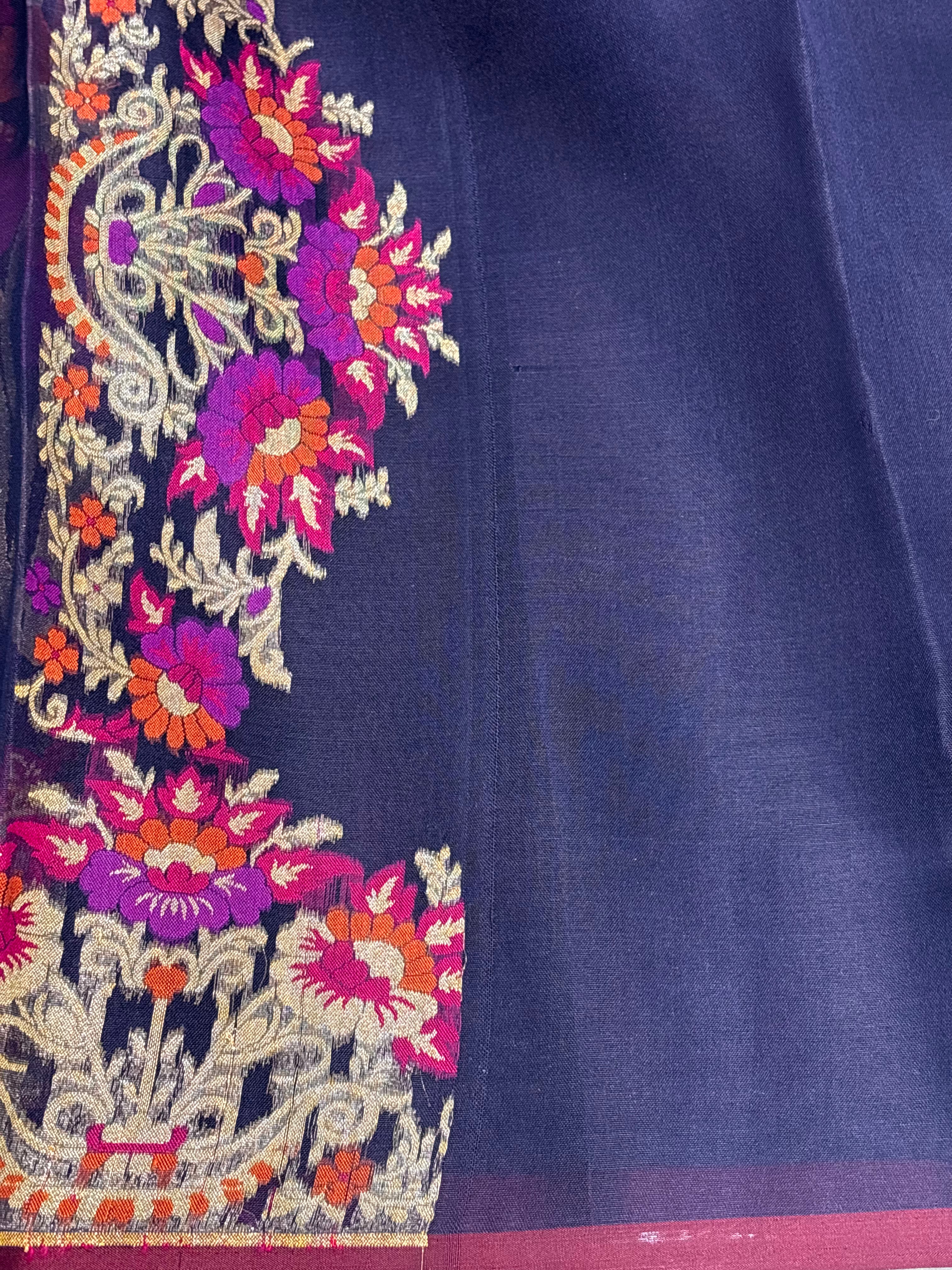 Navy Blue Kora Jamdani Handloom Banarasi Saree with Multicolour Floral Weaving