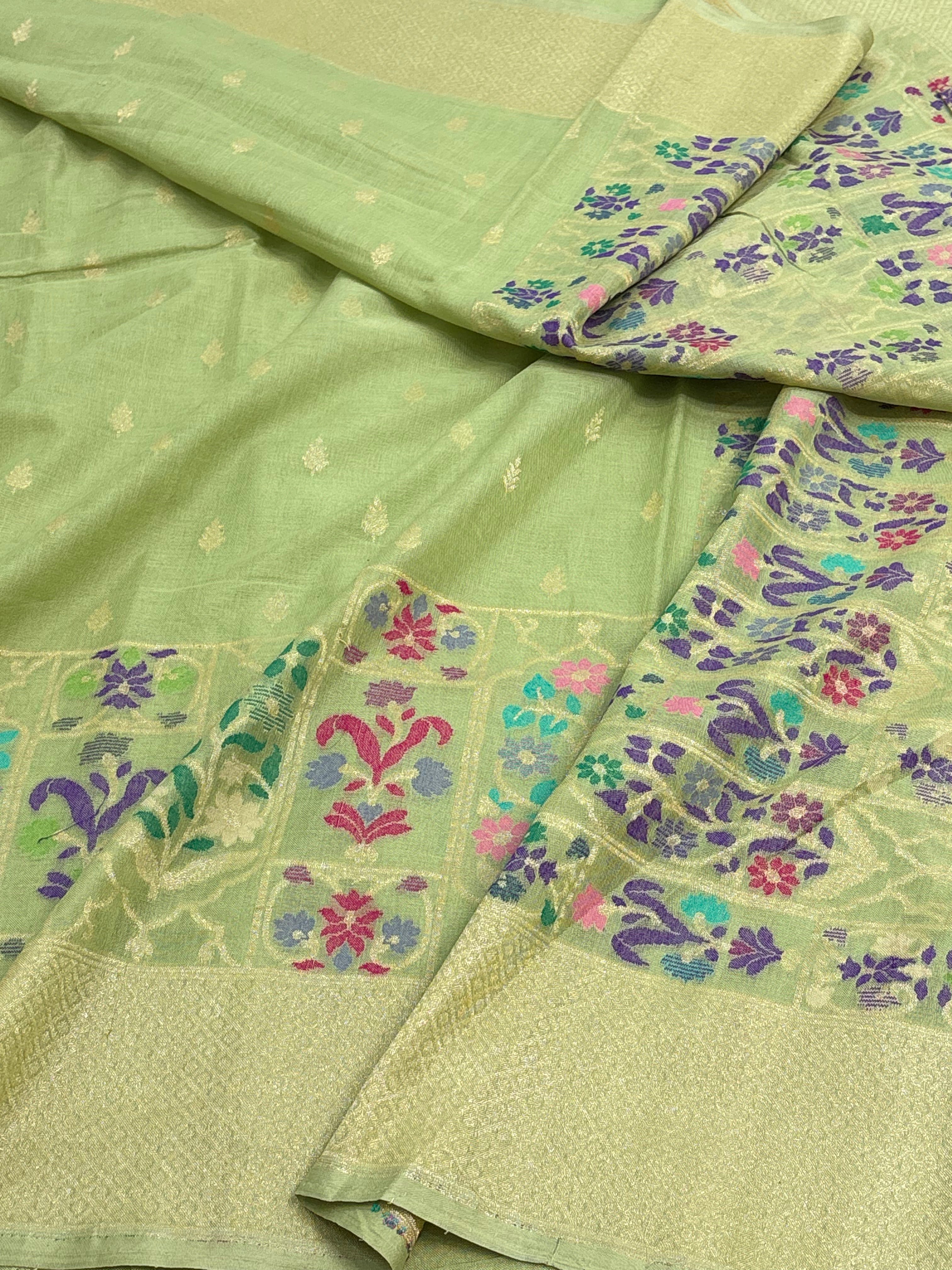 Pista Green Cotton Jamdani Handloom Banarasi Saree with Multicolour Border