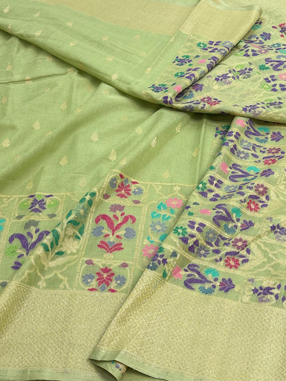 Pista Green Cotton Jamdani Handloom Banarasi Saree with Multicolour Border