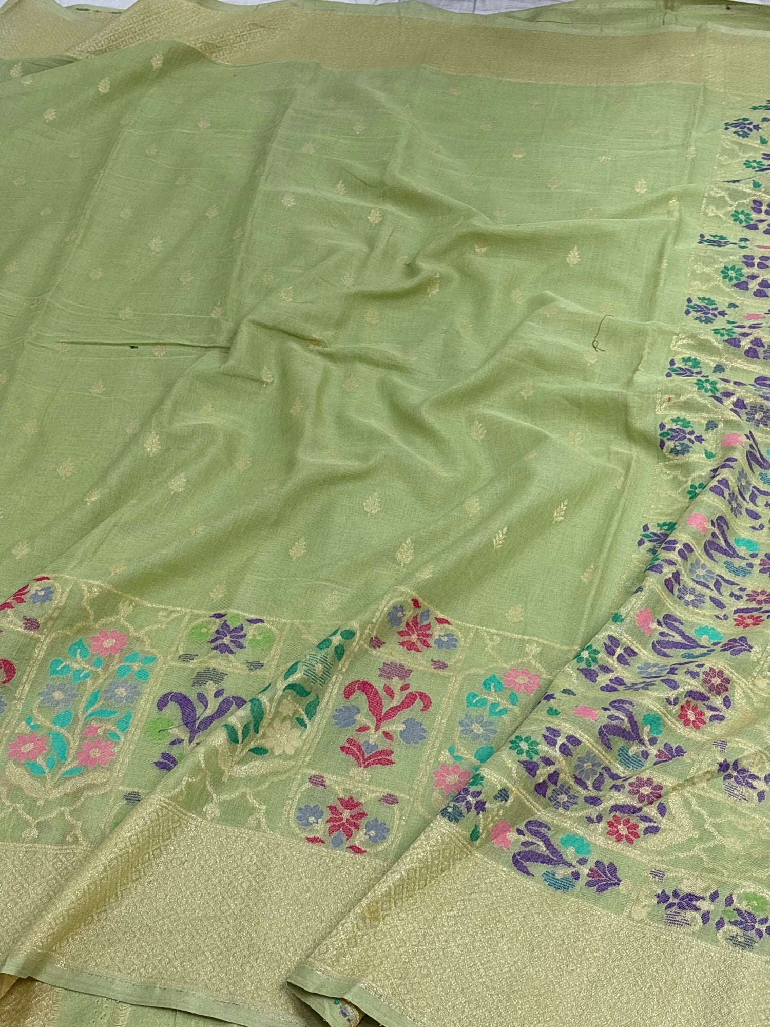 Pista Green Cotton Jamdani Handloom Banarasi Saree with Multicolour Border