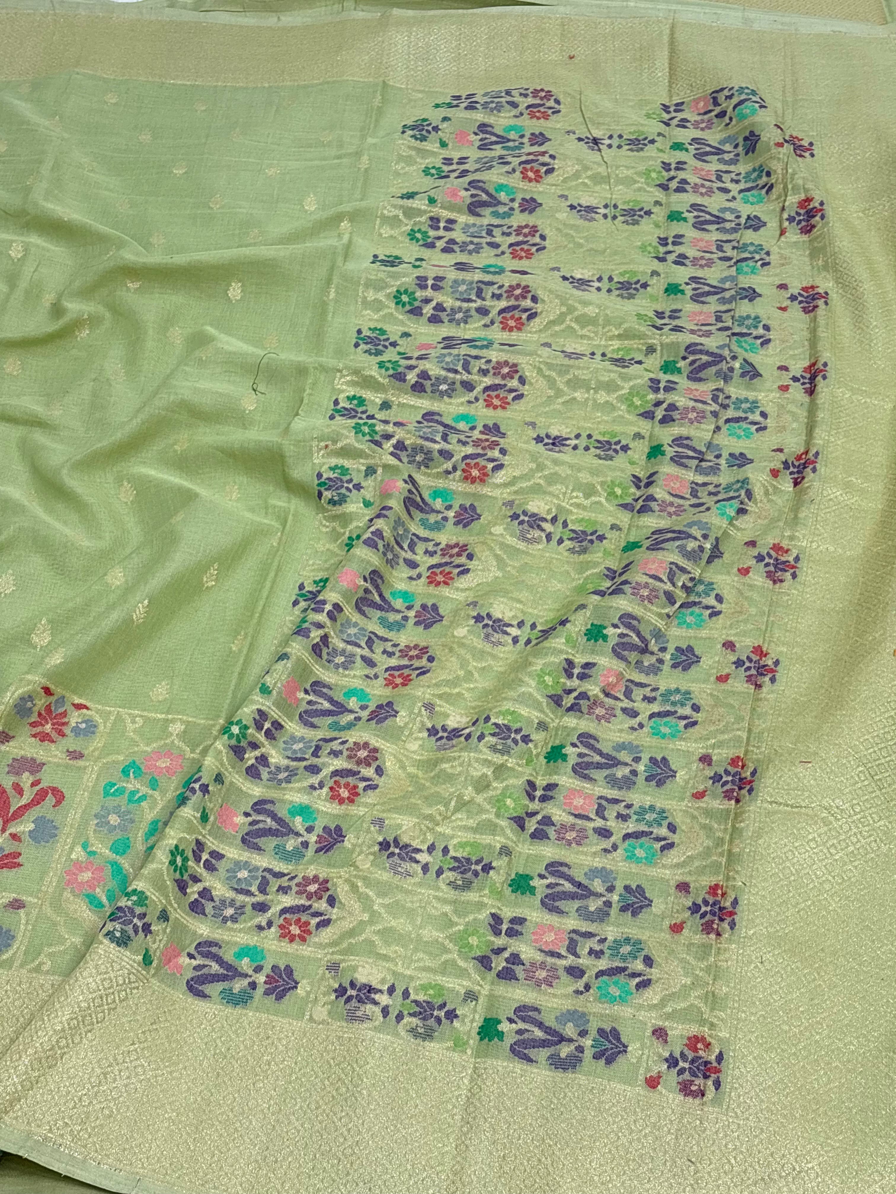 Pista Green Cotton Jamdani Handloom Banarasi Saree with Multicolour Border