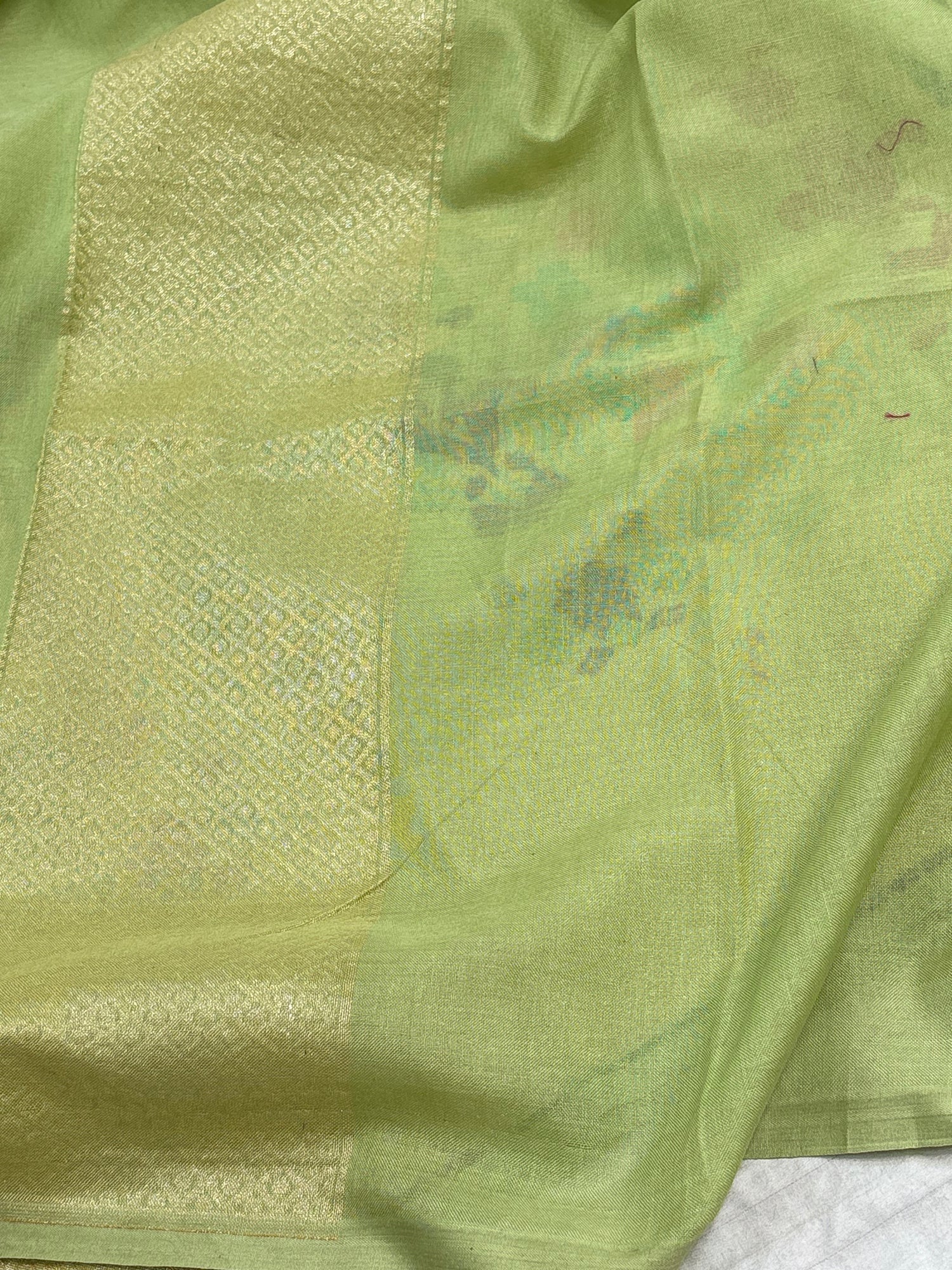 Pista Green Cotton Jamdani Handloom Banarasi Saree with Multicolour Border