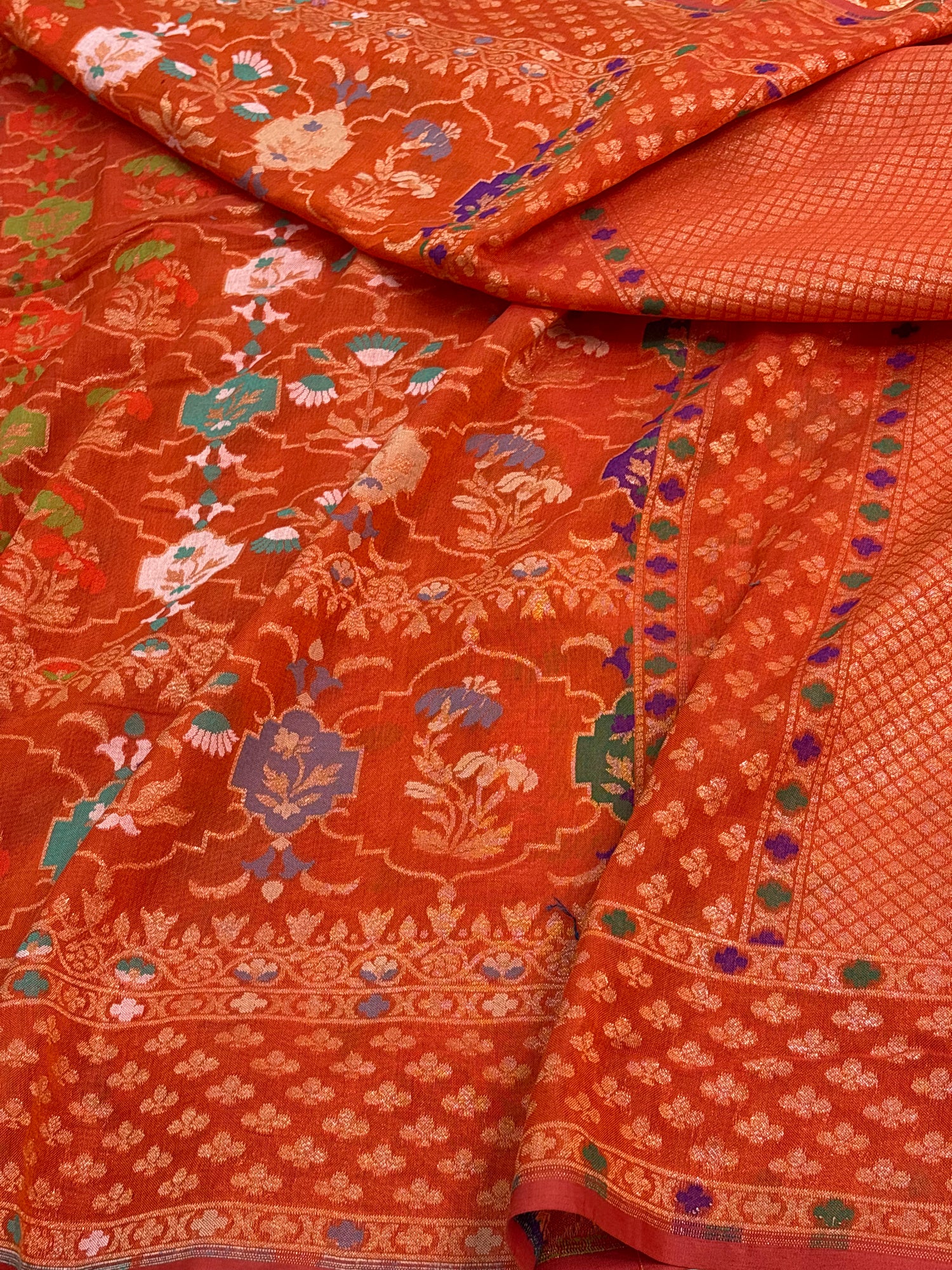 Orange Kora Jamdani Handloom Banarasi Saree with Multicolour Motifs
