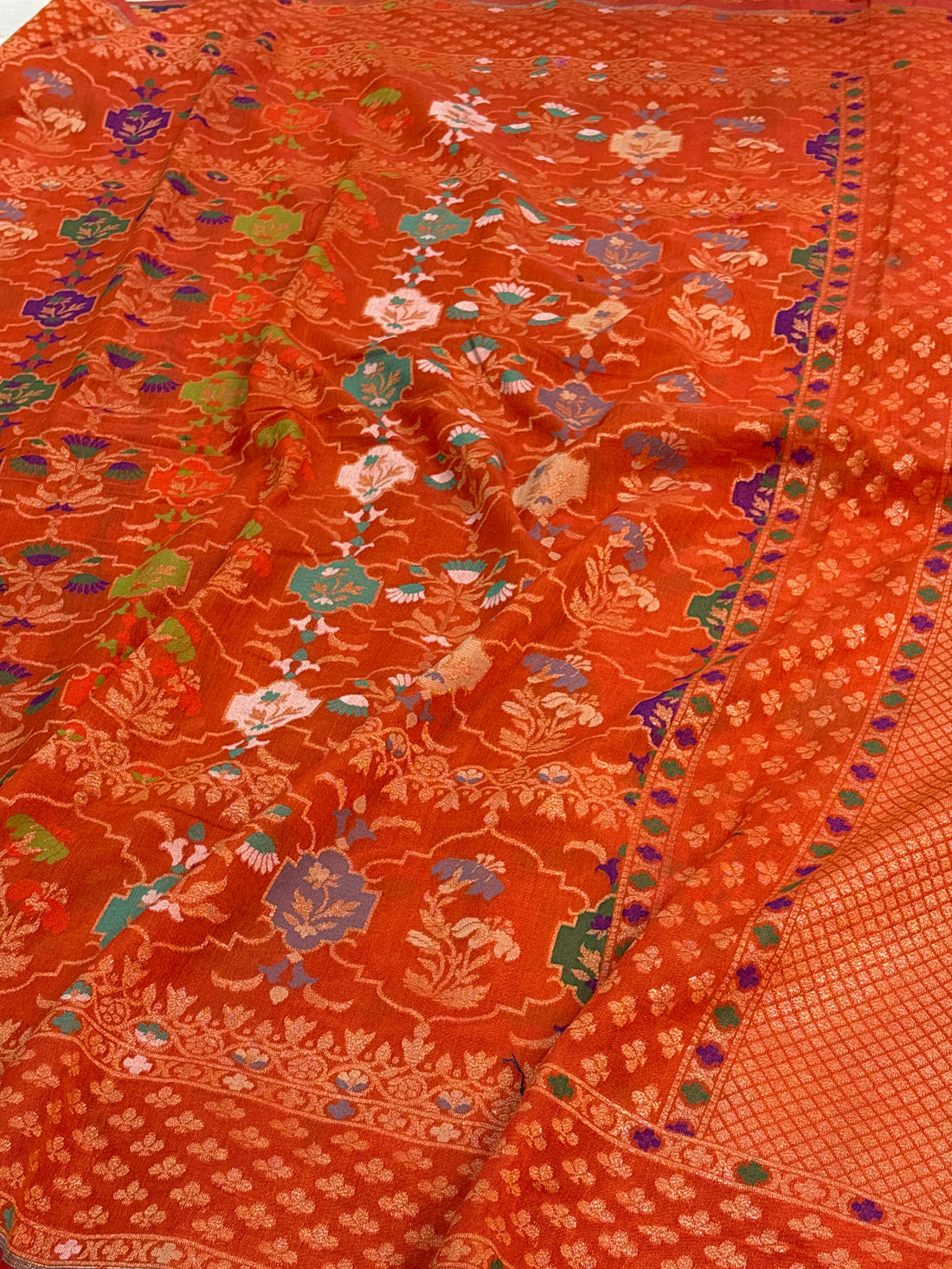 Orange Kora Jamdani Handloom Banarasi Saree with Multicolour Motifs